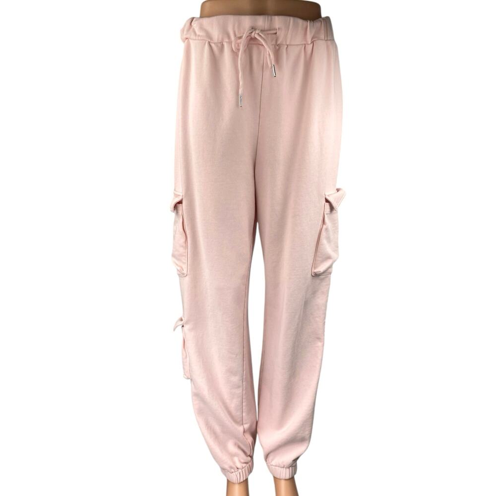 Superdown Women's Pink High Rise Drawstring Tapered Leg Cargo Jogger Pants Sz L